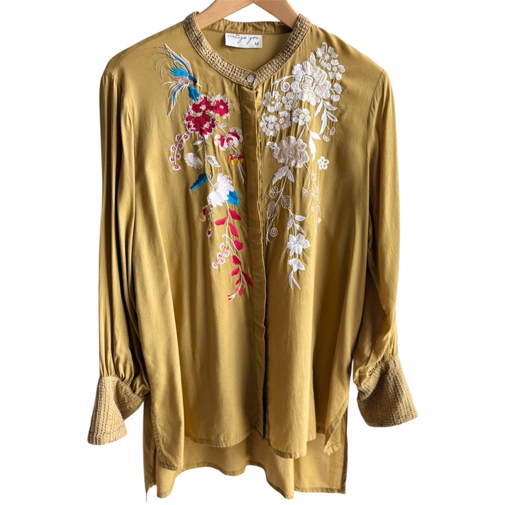 Vintage Goa Embroidered Tunic Button Down Top Size Medium Mustard Yellow Green